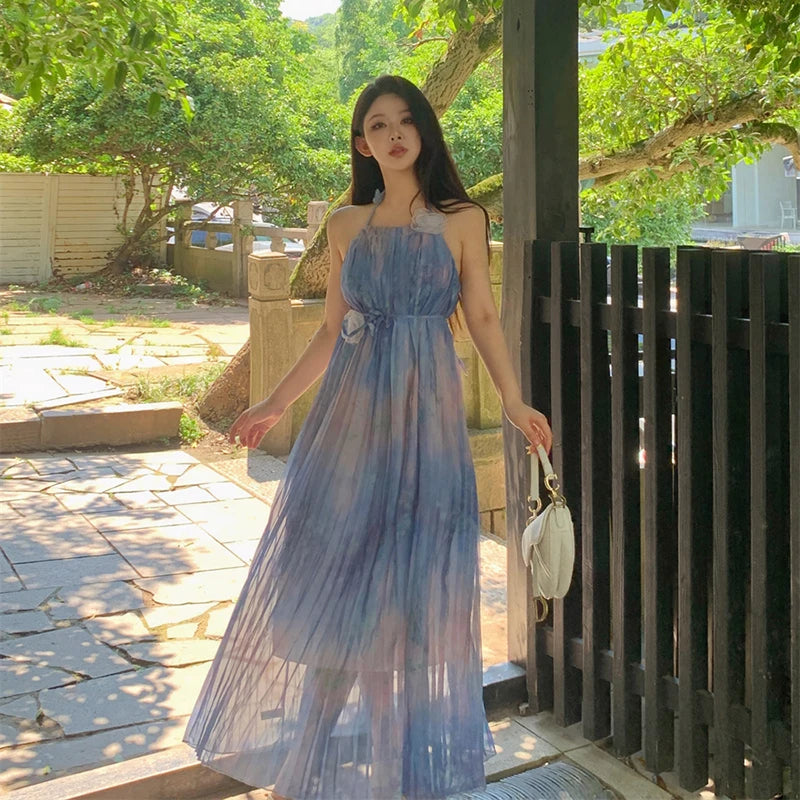 Elegant Tie-dye Long Pleated Summer Dress on Luulla