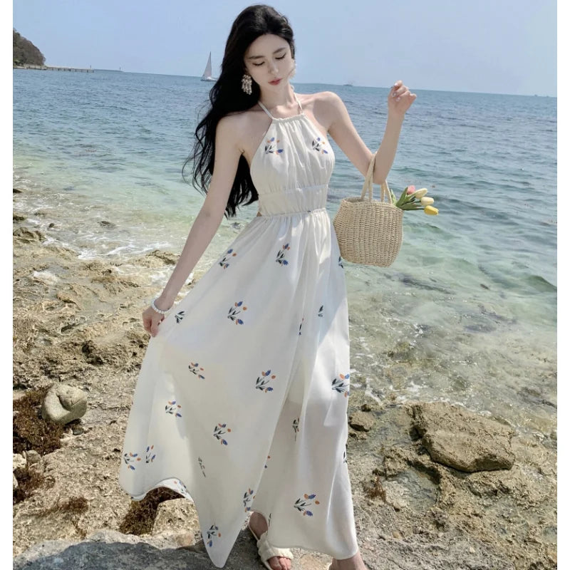 TEELYNN White Cotton Rayon Off-Shoulder Beach maxi sundress