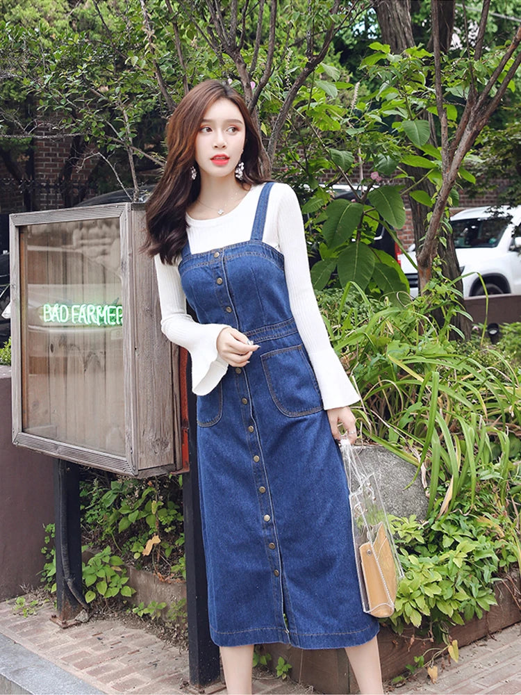 Denim Button-front Jumper Dress With Pockets on Luulla