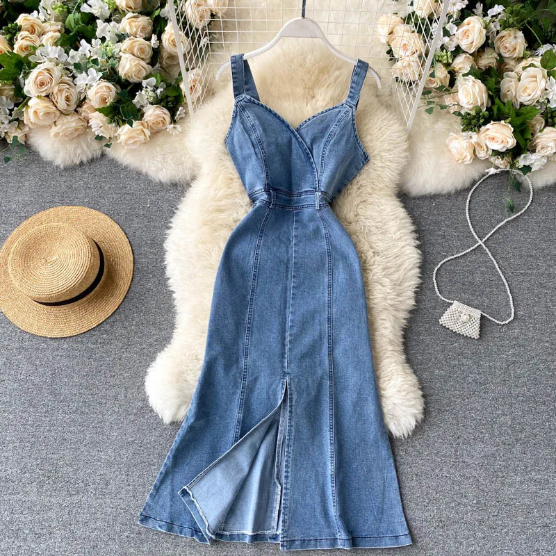knee length dresses for ladies Sleeveless Denim Midi Dress – New York & Company main image 1