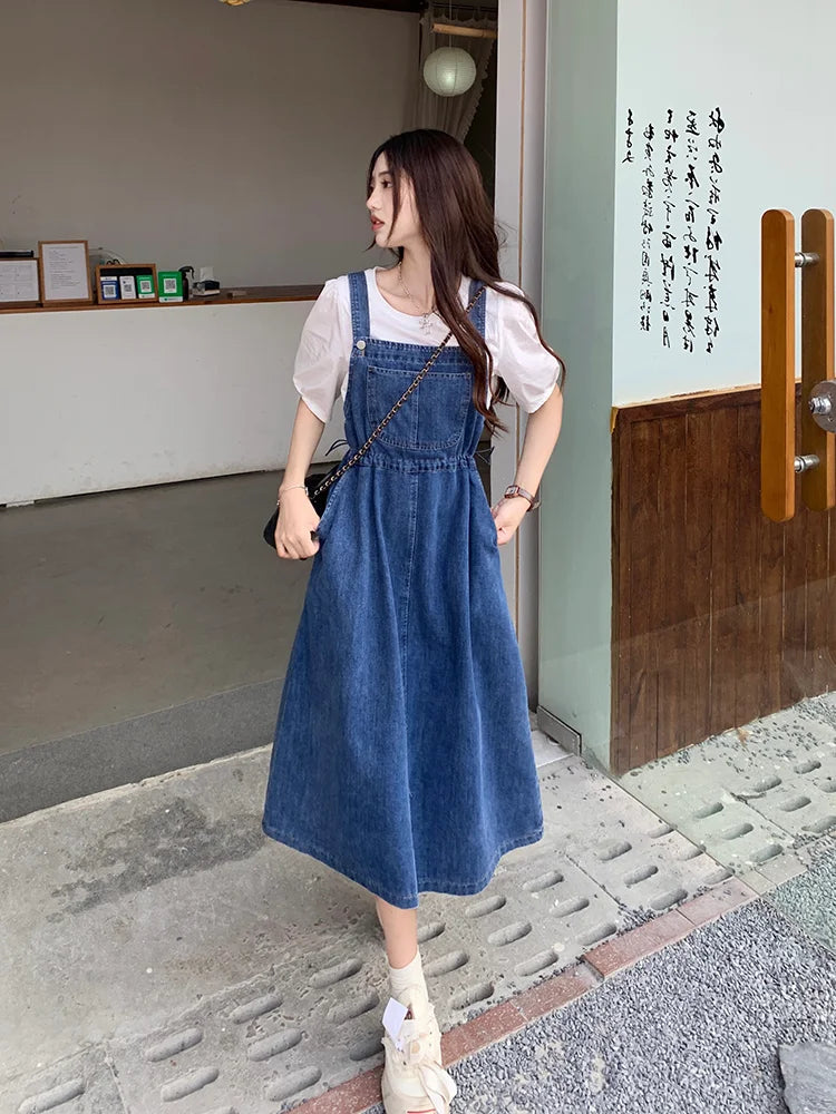 Casual Denim Overall Dress With White Top on Luulla