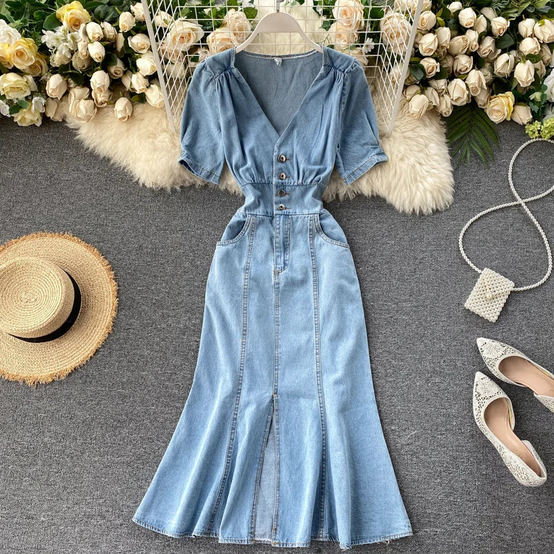 Denim Buttoned V-Neck Short Sleeves Maxi Dress