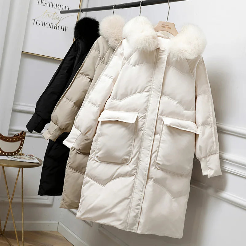 Long Hooded Puffer Coat with Removable Fur Collar and Adjustable Belt