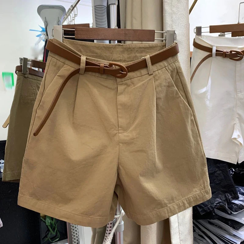 Tan High-waist Pleated Shorts With Belt on Luulla
