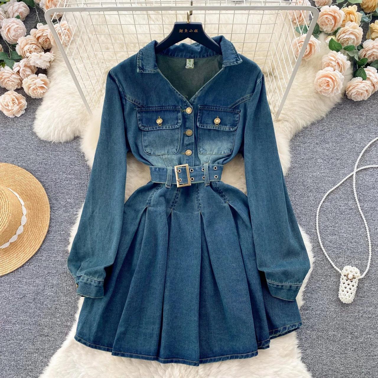 Denim Long Sleeve Belted Pleated Skater Dress