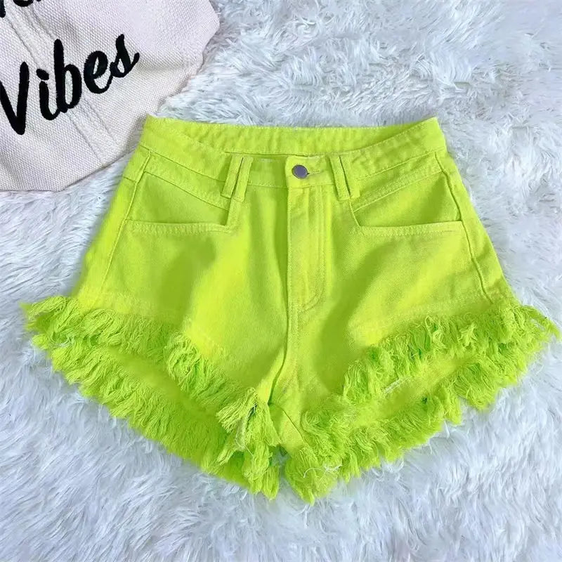 Neon Green Frayed High waisted Denim Shorts on Luulla