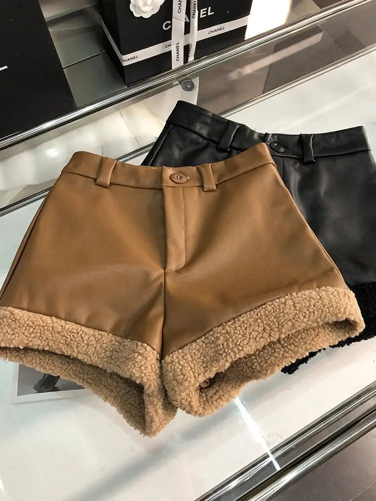 Womens Faux Leather And Fleece Lined Shorts on Luulla