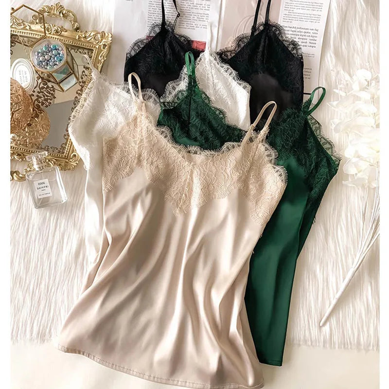 Lace Trim Satin Cami Tops Set Of 3 on Luulla