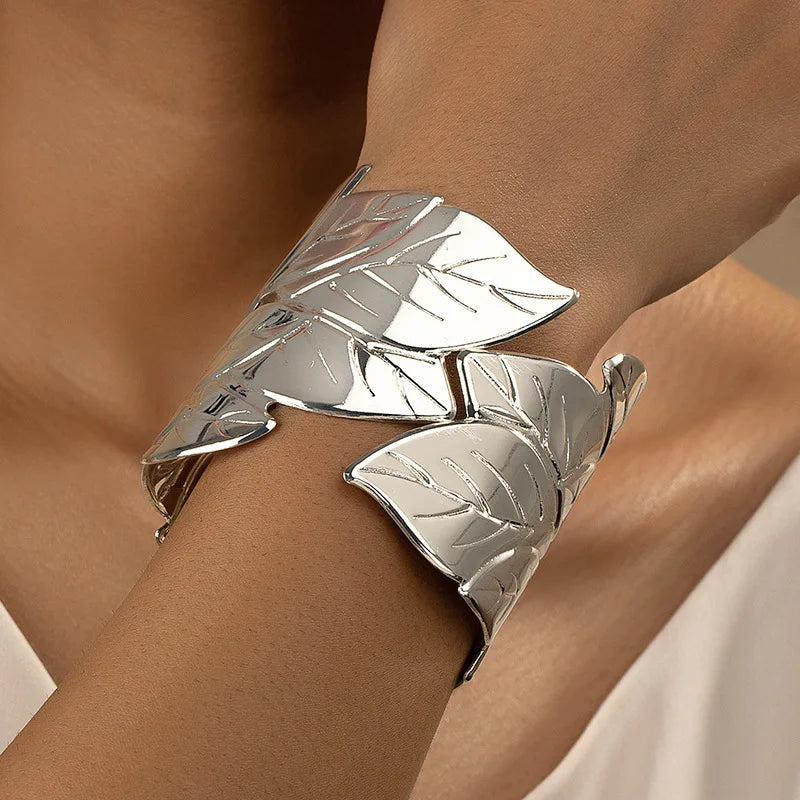 Elegant Leaf Design Silver Cuff Bracelet on Luulla