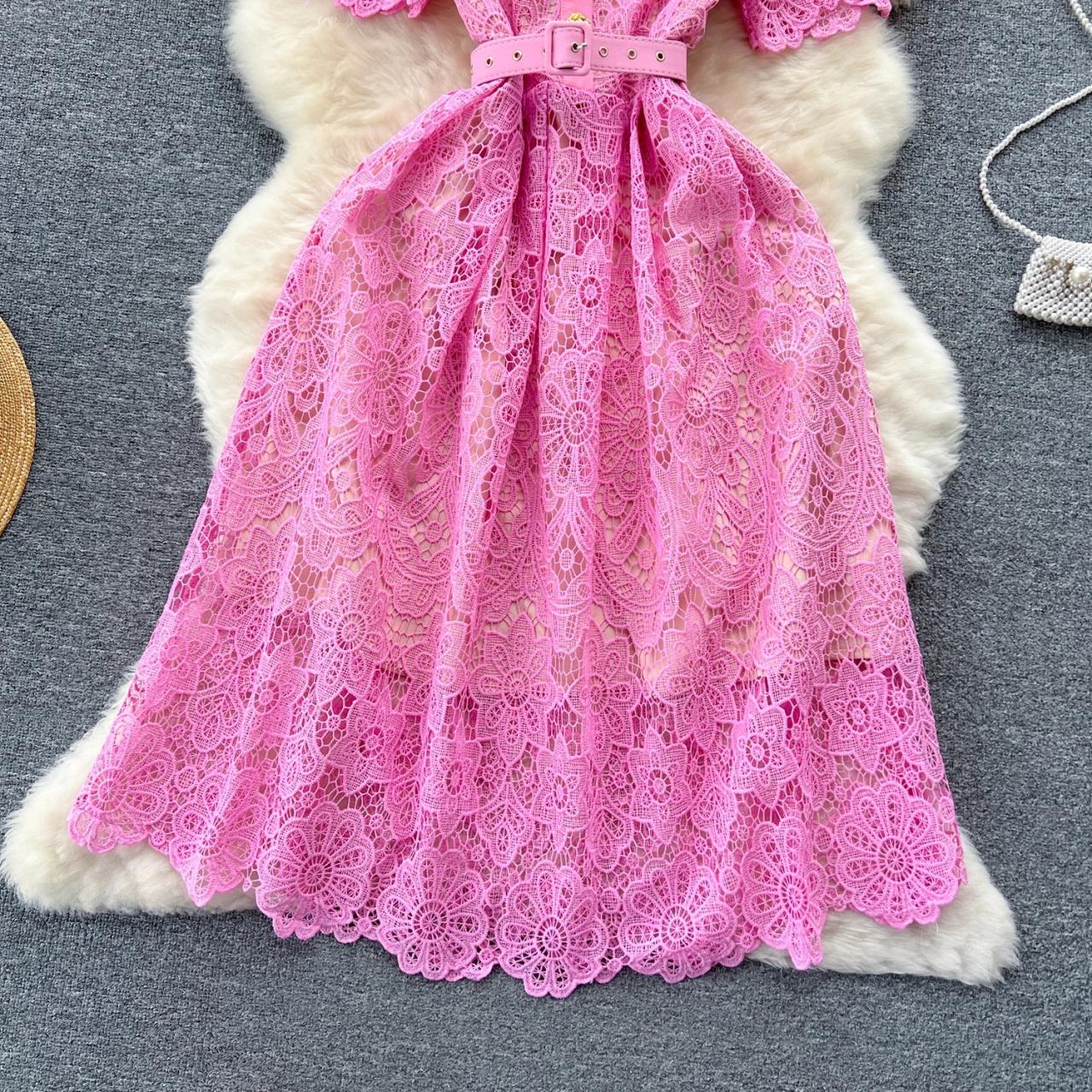 Pink Lace Dress With White Collar Belt