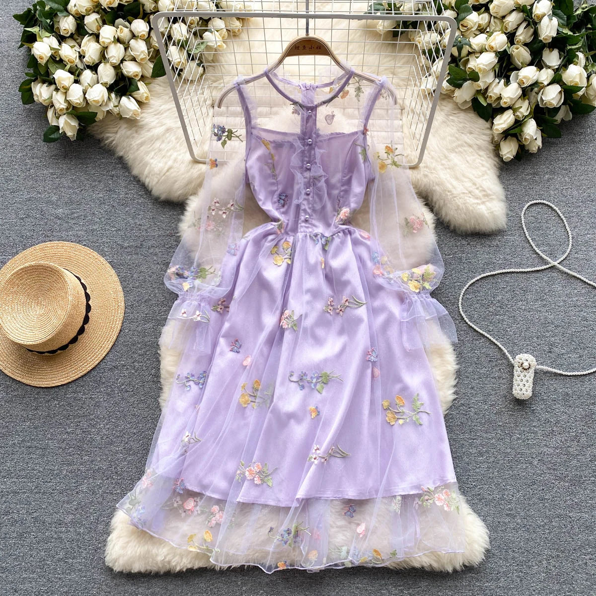 Sheer floral embroidered midi dress outlet