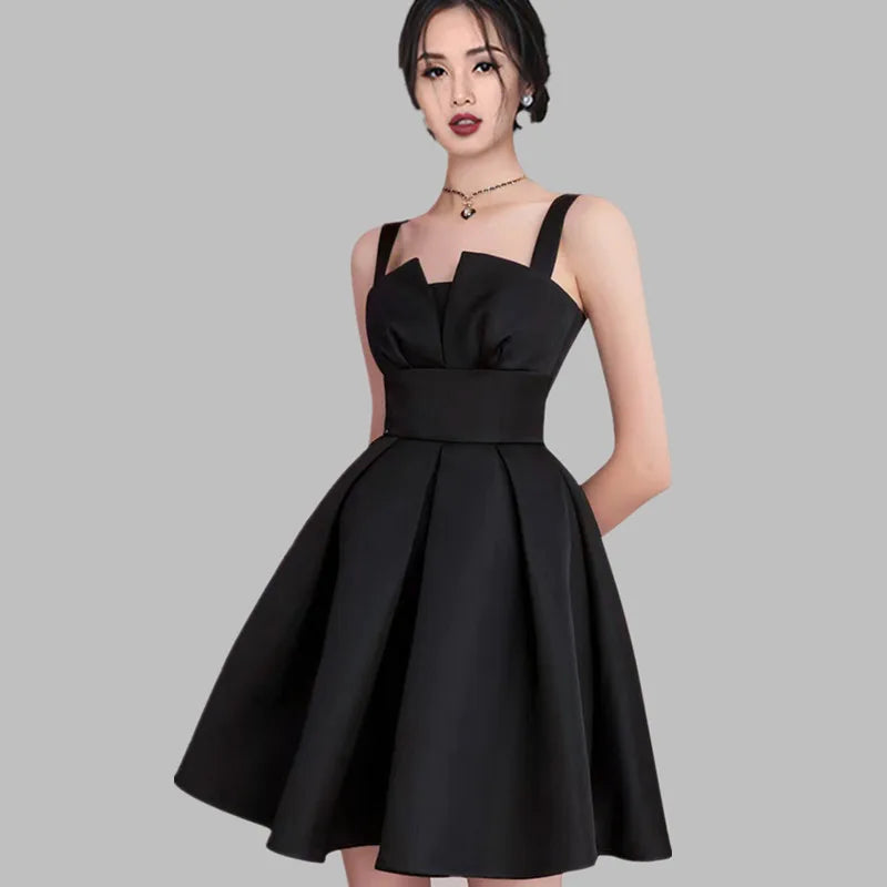 green emerald velvet dress Black Fit and Flare Mini Dress - V-Neck Bubble Hem with Tie Straps main image 0