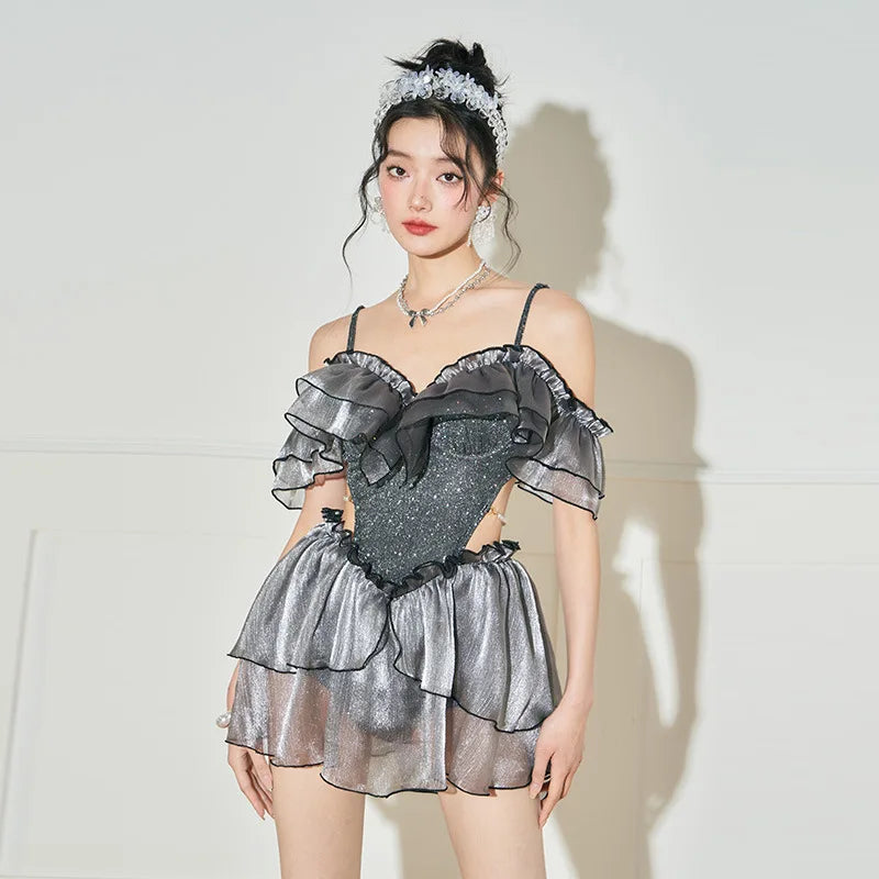 knee length dresses for ladies Current Air Metallic Silver Foil Ruffle Mini Dress, Xs / Silver main image 0