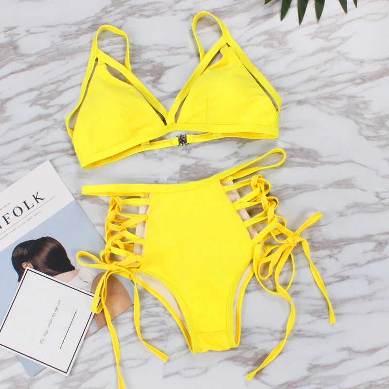 Neon yellow high waisted bikini clearance