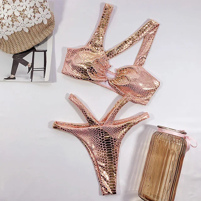 Rose Gold Metallic Snake Print Bikini Set on Luulla