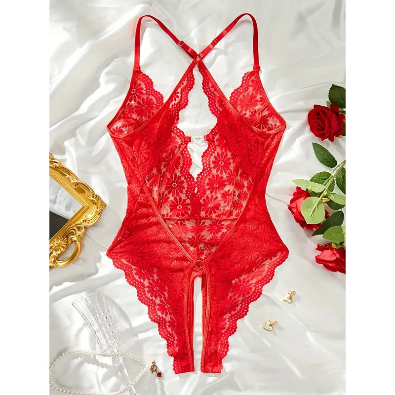 Sexy Red Lace Floral Teddy Lingerie Bodysuit on Luulla