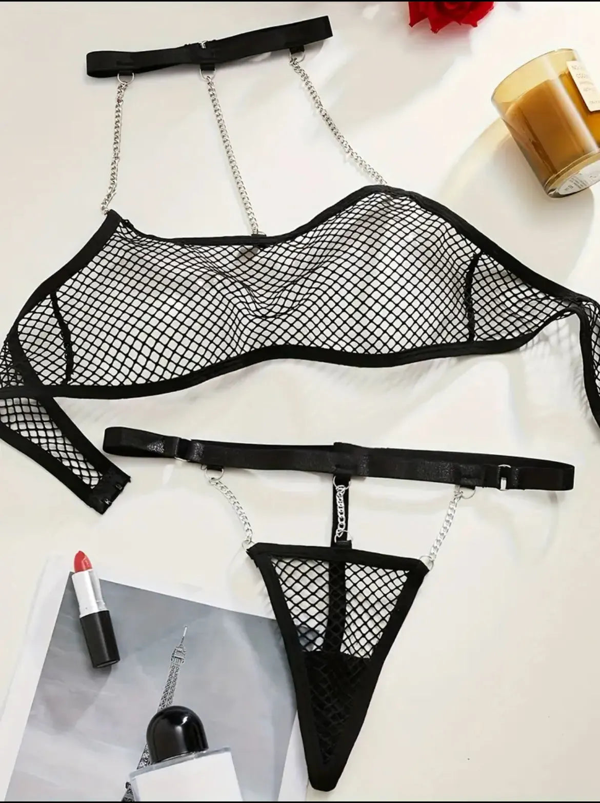 Sexy Black Fishnet Lingerie Set With Chains on Luulla