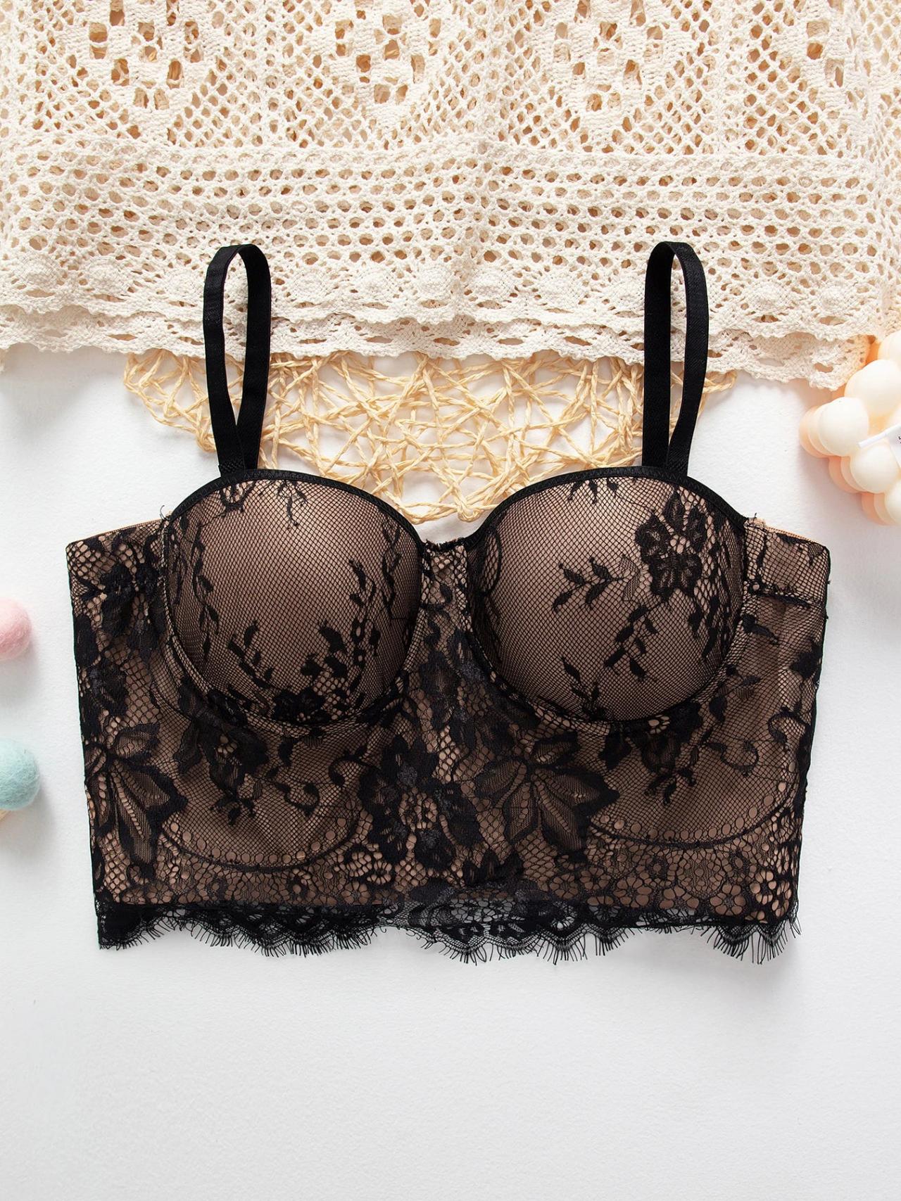 Black Lace Strapless Floral Bustier Crop Top on Luulla