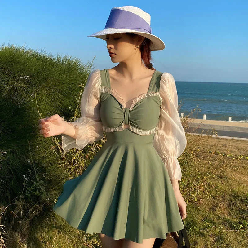 Summer Green Dress With Sheer Puff Sleeves