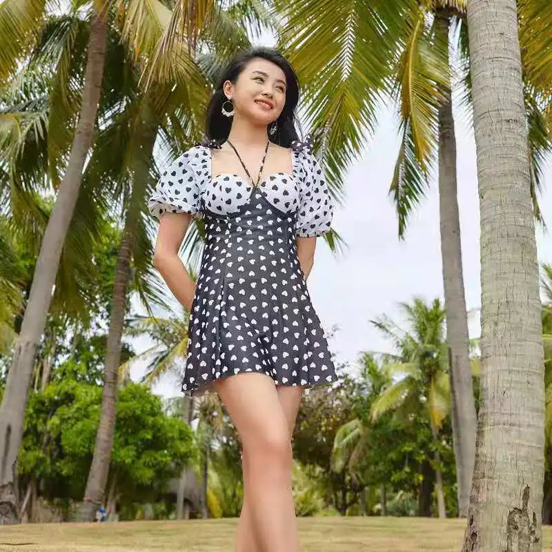 black polka dot dress with puff sleeves Puff Sleeve Polka Dot Cocktail Dress, Sizes 1X - 3X (Black) main image 1