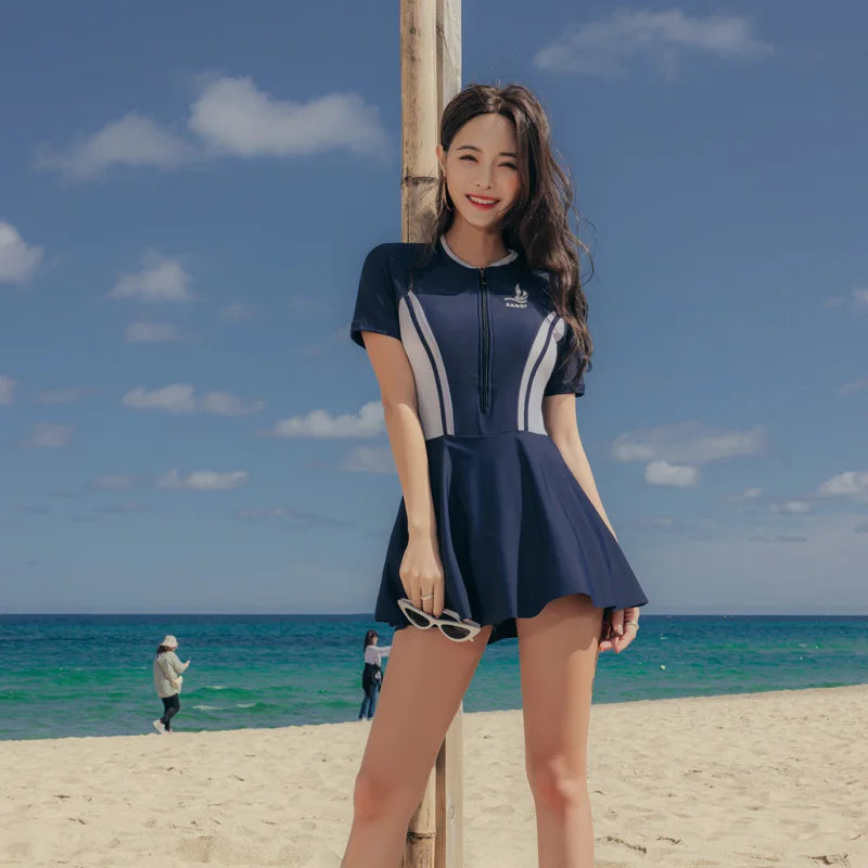 Womens Navy Zipper Short sleeve Swimsuit Dress on Luulla