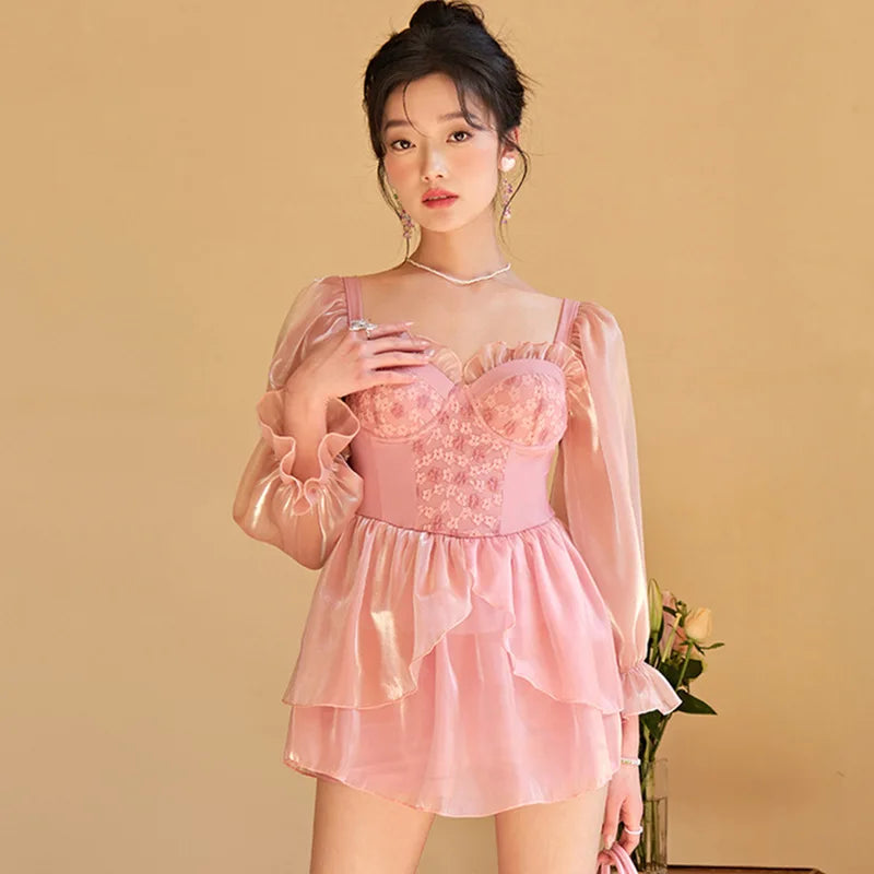 Elegant Pink Sheer Sleeve Lace Mini Dress on Luulla