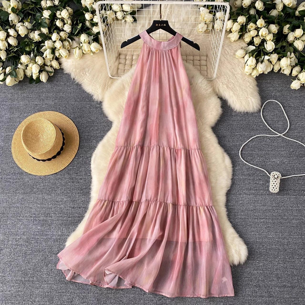 Elegant Pink Halter Neck Maxi Dress on Luulla