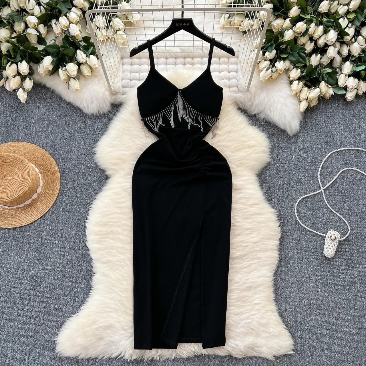 green emerald velvet dress Zapaka Women Simple Black Blue Mermaid Long Bridesmaid Dress with Slit Spaghetti Straps Pleated Long Formal Dress, Black Blue / US6 main image 0