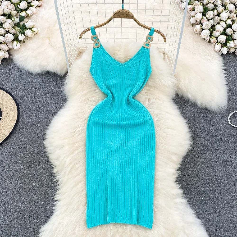 Heartwait Turquoise Ribbed Knit Bodycon Midi Dress