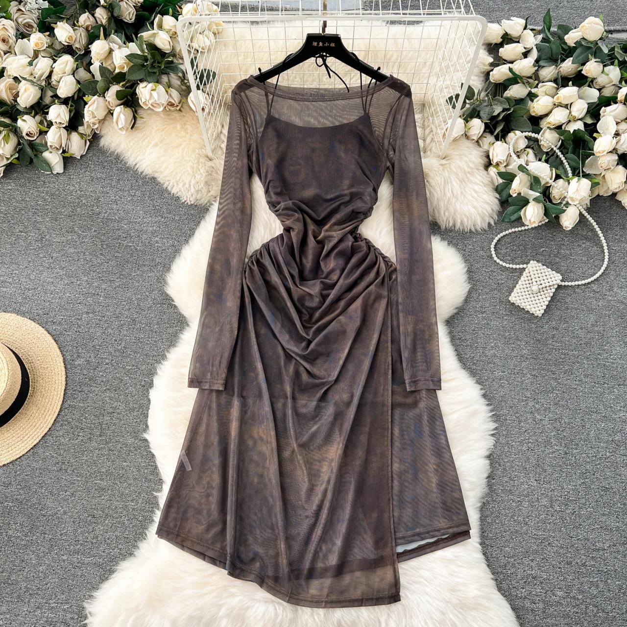 knee length dresses for ladies in My Arms Ruched Mesh Maxi Dress in White main image 0