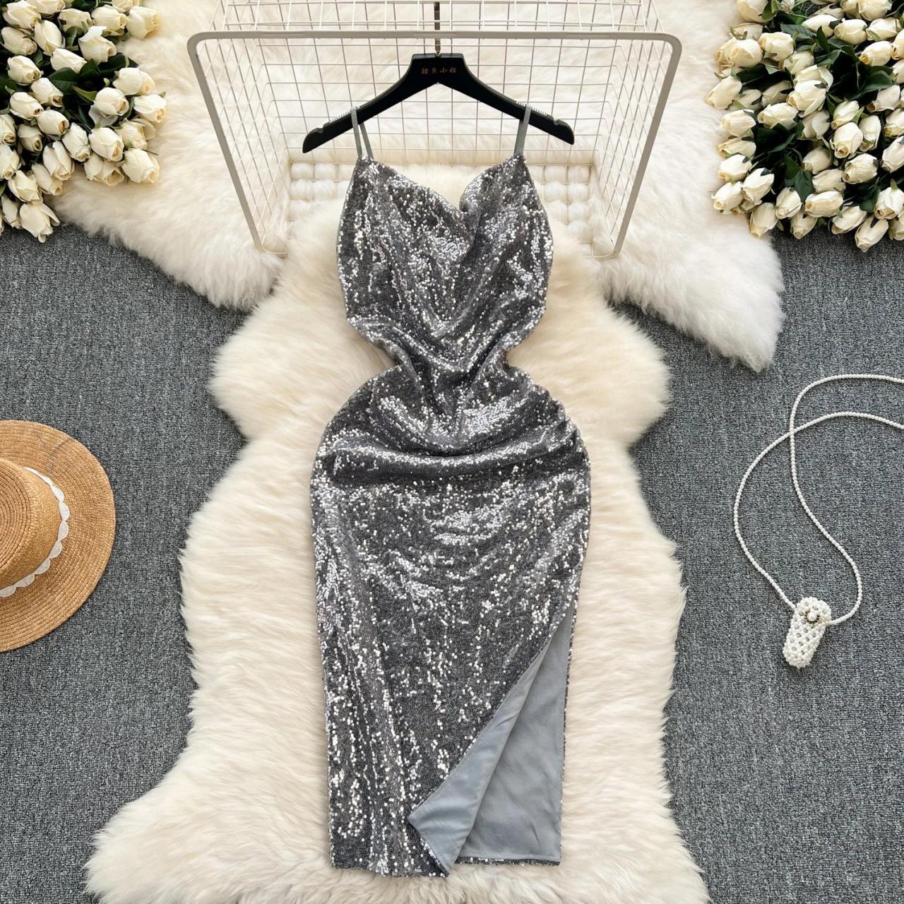 Sparkly Silver Sequin Spaghetti Strap Party Dress on Luulla