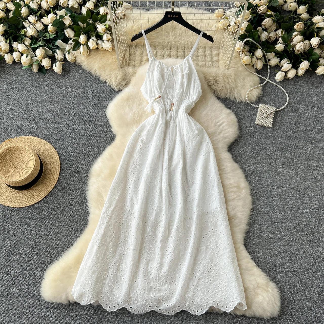 White Eyelet Embroidered Spaghetti Strap Maxi Dress on Luulla