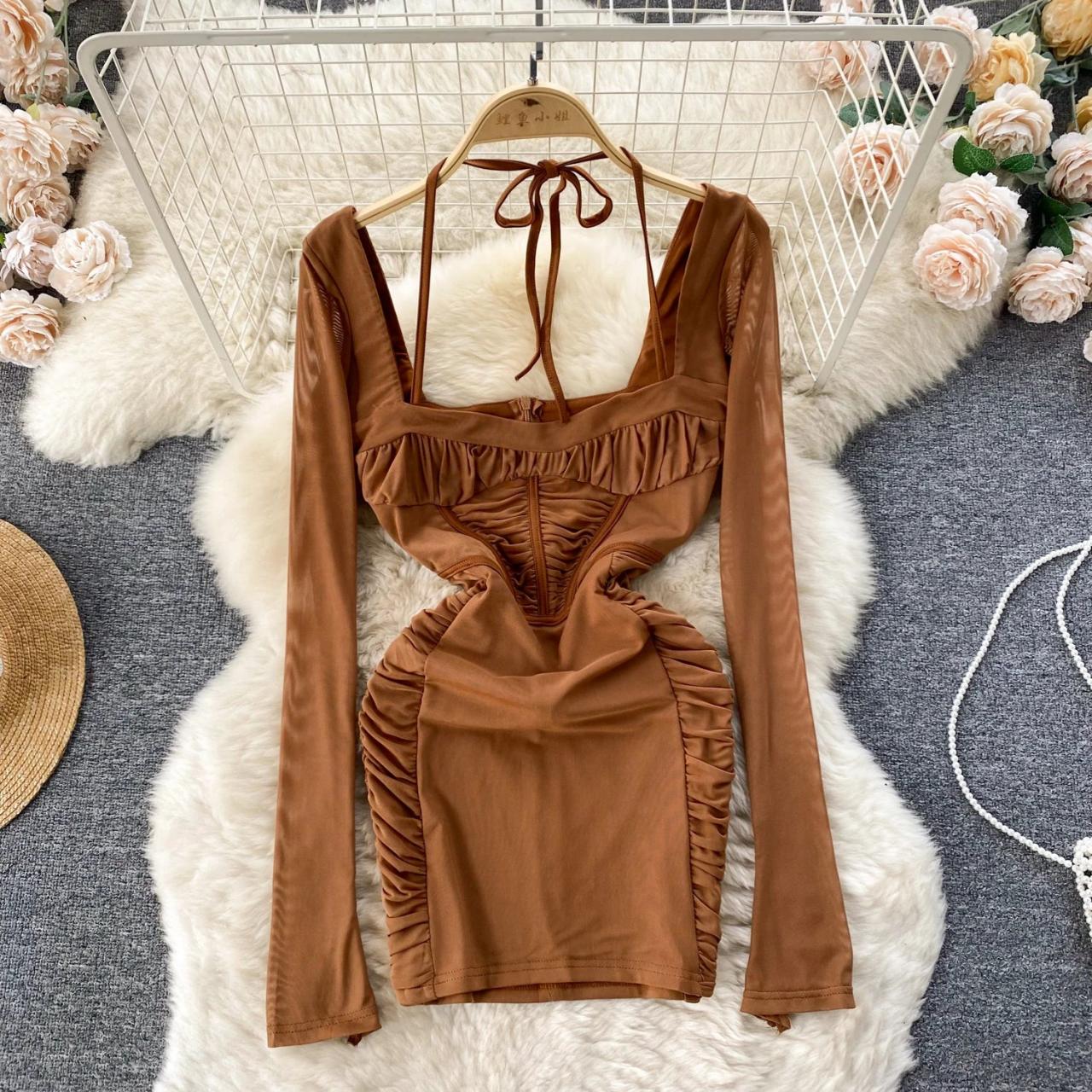 Rust Mini Dress With Long Sleeves And Ruffles