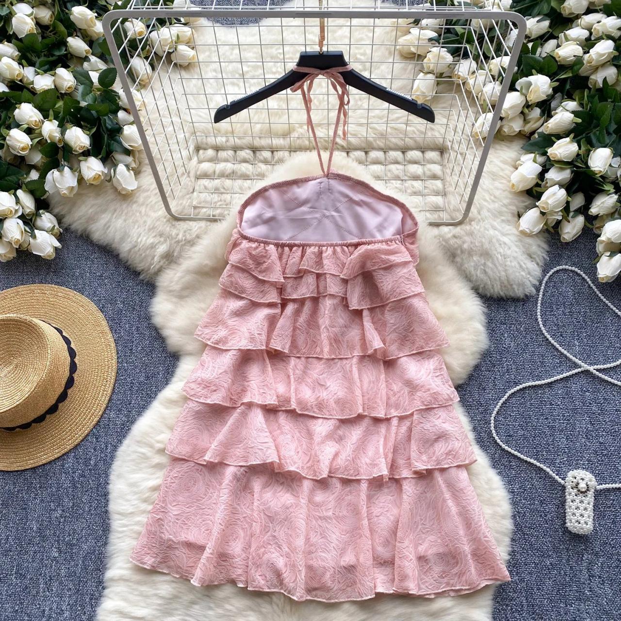 Elegant Pink Layered Halter Neck Dress