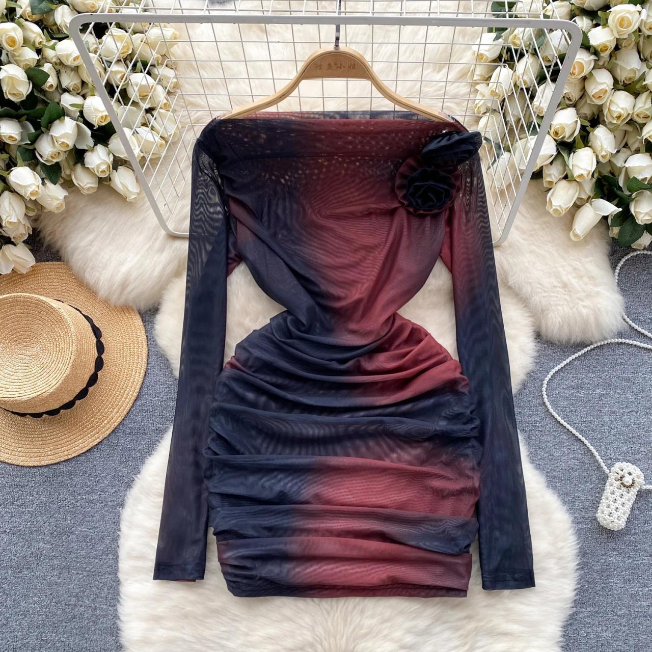 Elegant Ruched Ombre Dress With Floral Accent