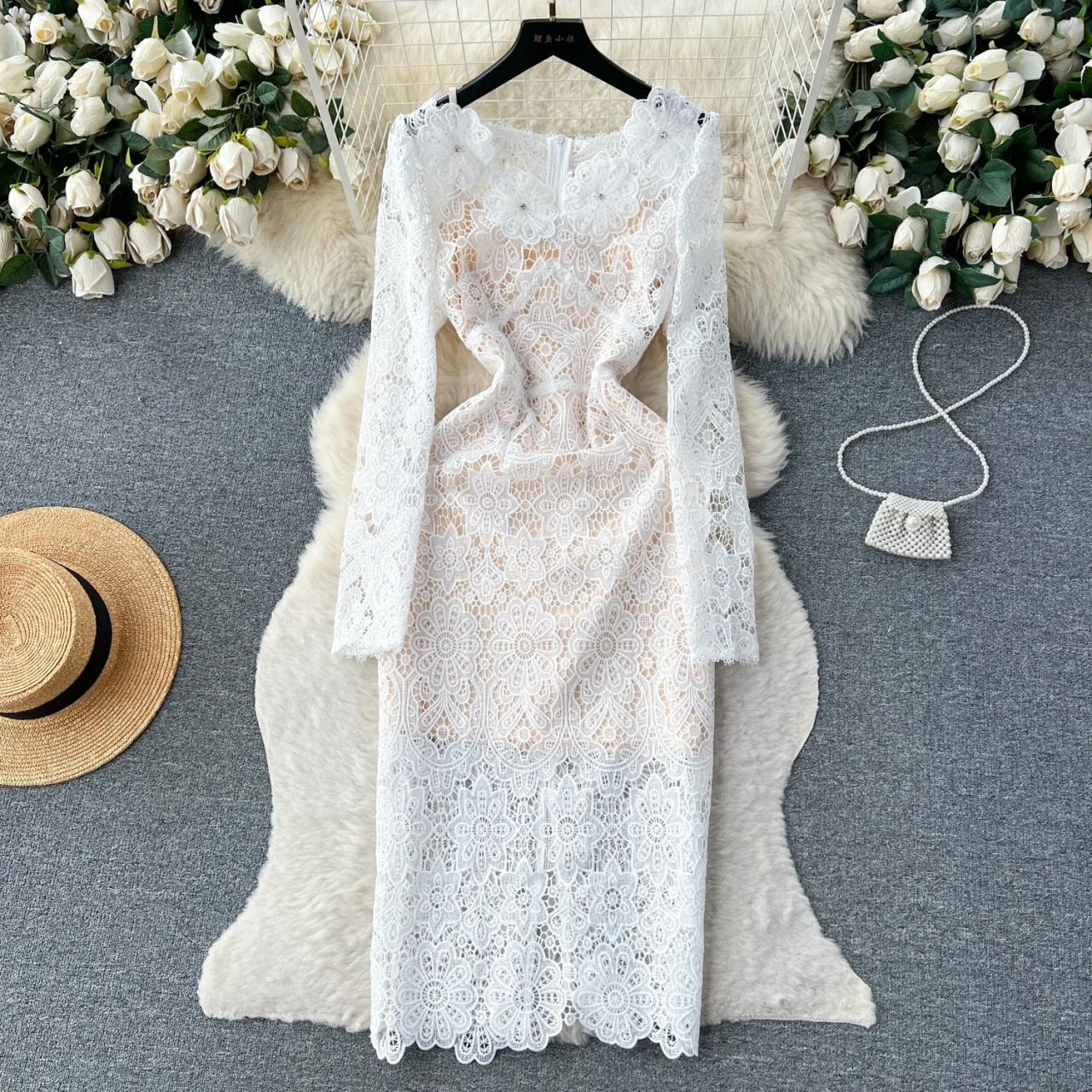 Elegant White Lace Long Sleeve Midi Dress on Luulla