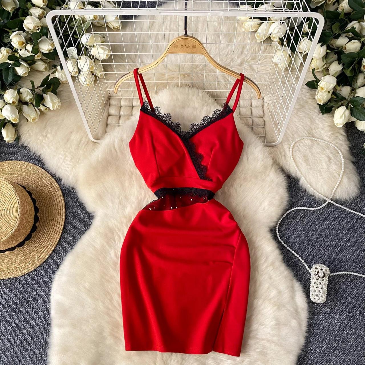 Elegant Red Sleeveless Lace trim Bodycon Dress on Luulla