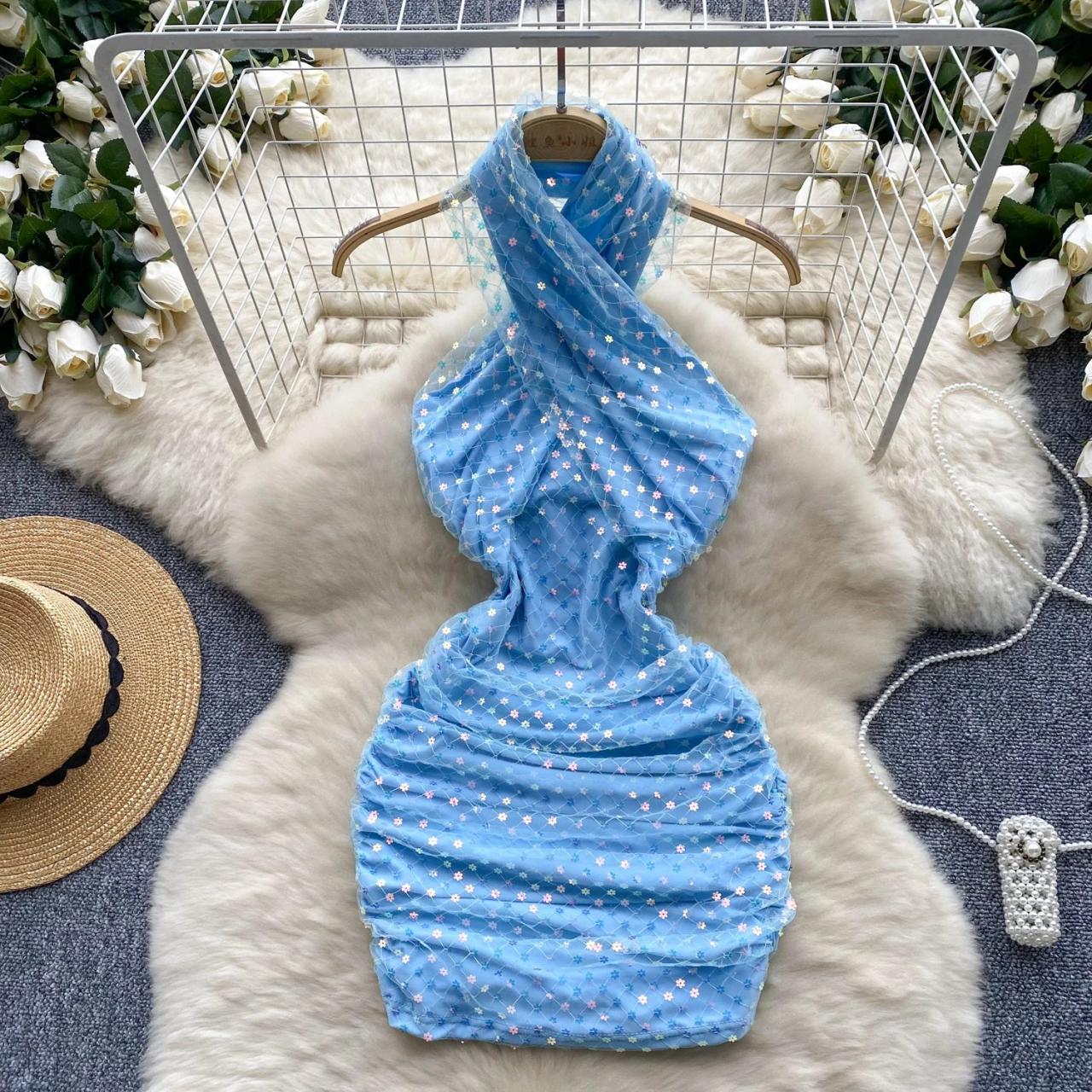 Sparkling Blue Sequin Mesh Bodycon Party Dress on Luulla