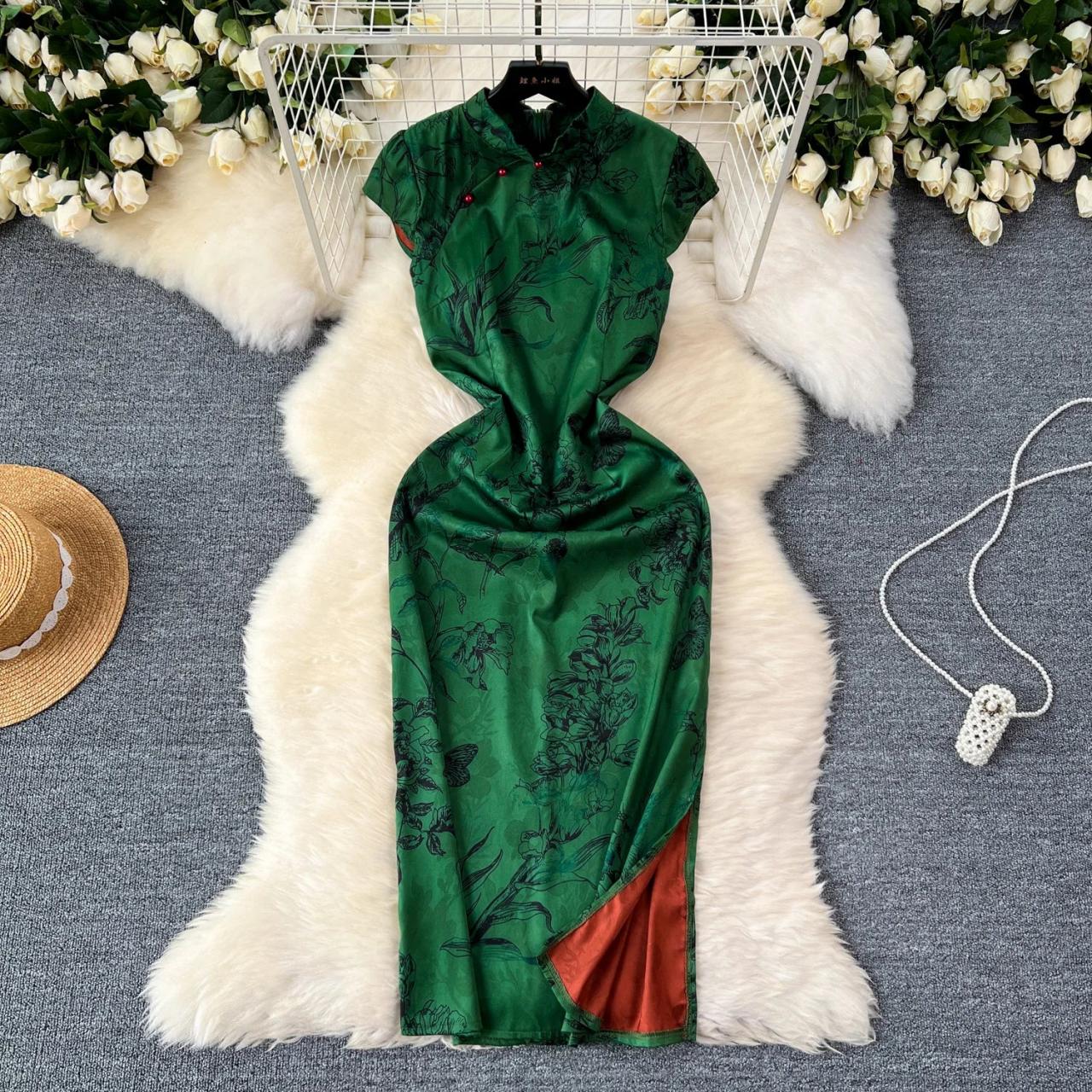 Elegant Green Floral Chinese Cheongsam Dress on Luulla