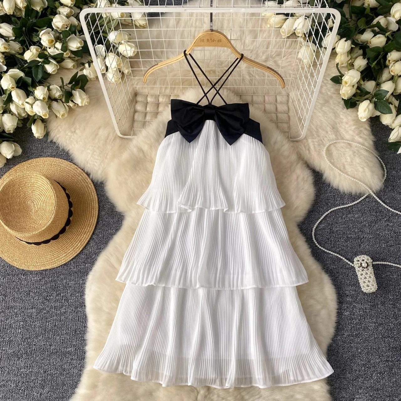 open lace back dress Zapaka Women Simple White Pleated Tiered Engagement Party Dress Sweetheart Chiffon Bachelorette Party Dress, White / US14 main image 1