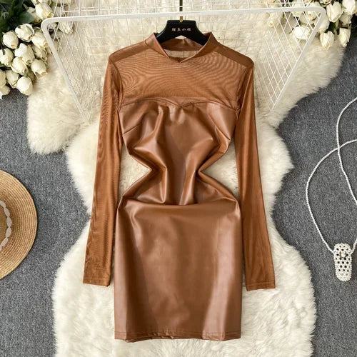 Faux Leather Mesh Long Sleeve Bodycon Dress