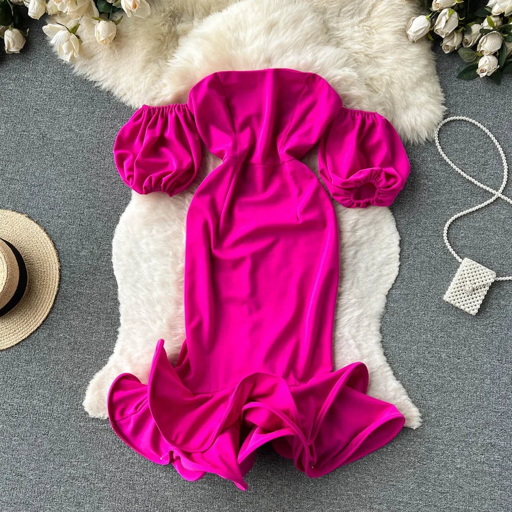 Elegant Fuchsia Off-shoulder Ruffle Bodycon Dress