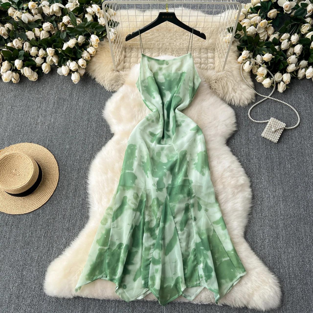 Elegant Green Tie-dye Silk Maxi Dress