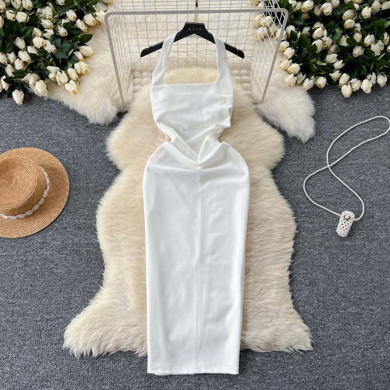 Elegant White Halter Neck Midi Dress
