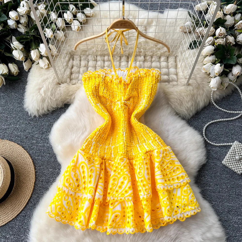 yellow lace halter dress Yellow Summer Boho Lace Halter Sundress