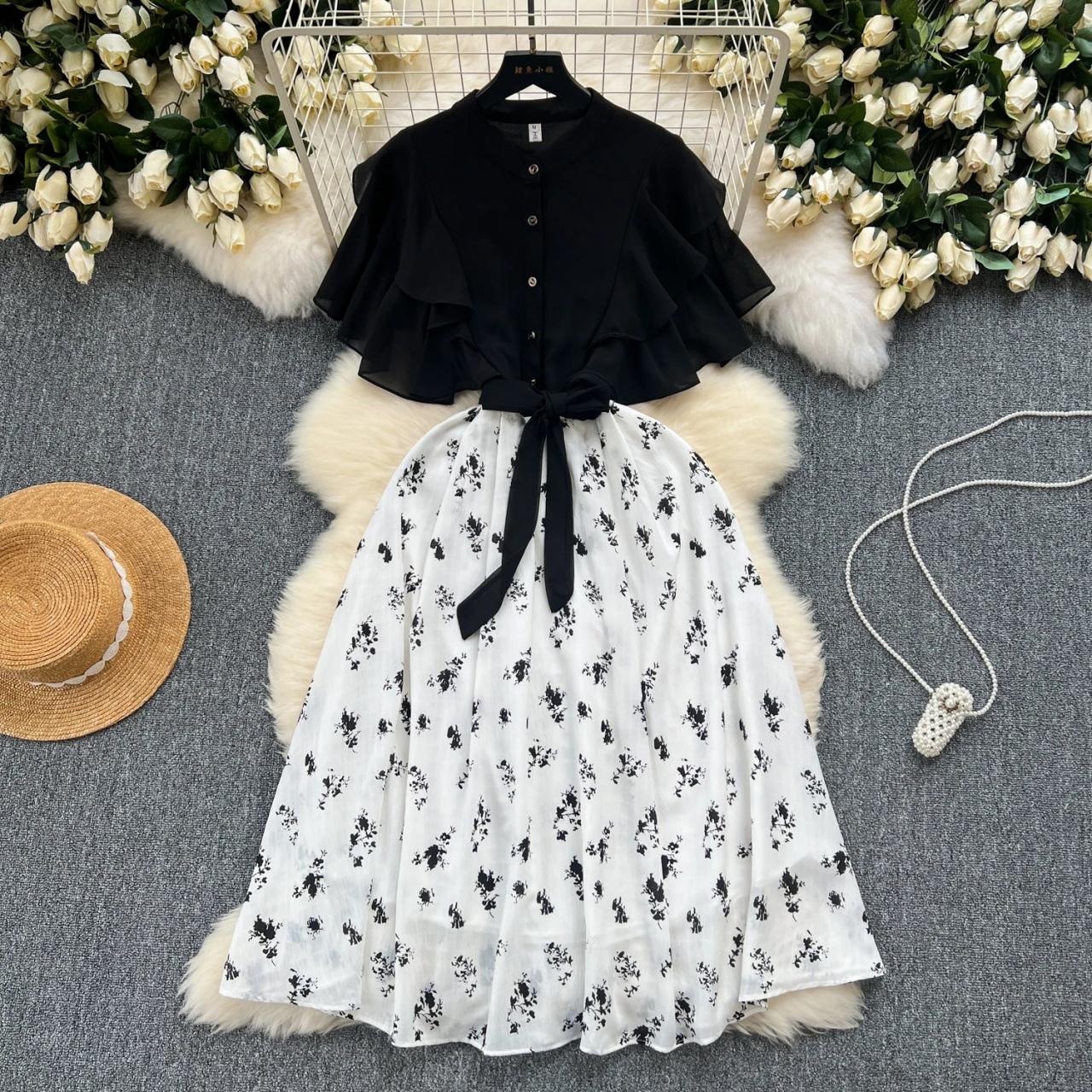 Elegant Black and White Floral Midi Dress