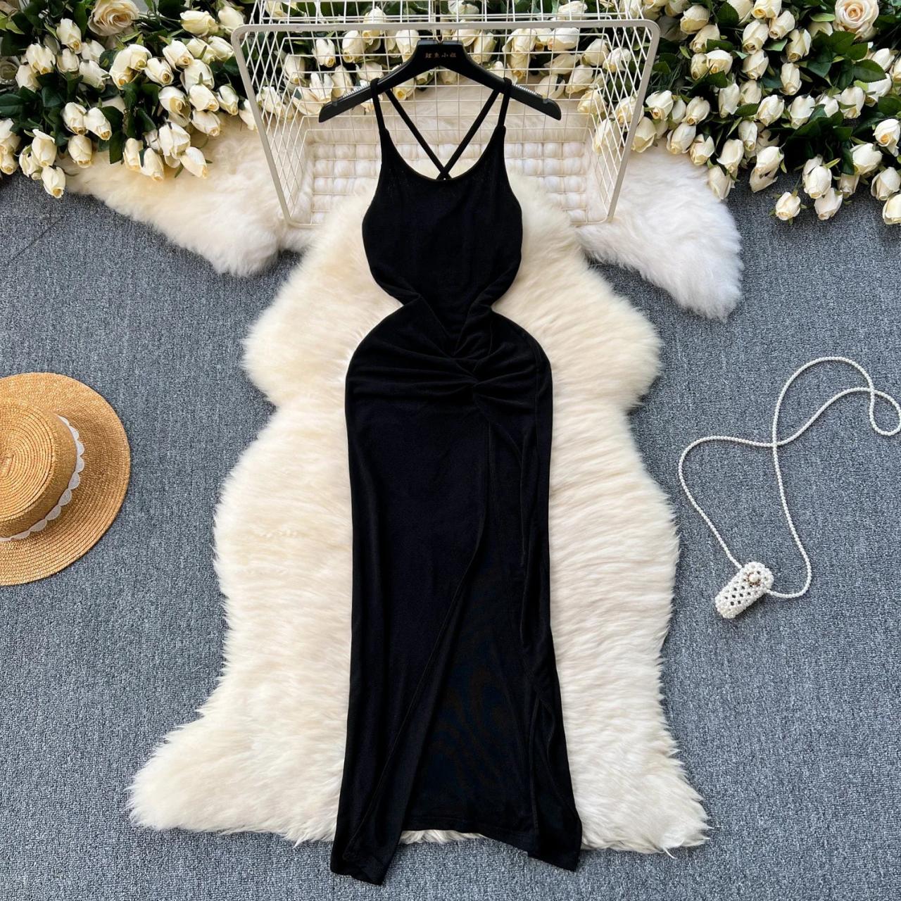 Elegant Black Velvet Sleeveless Bodycon Maxi Dress on Luulla
