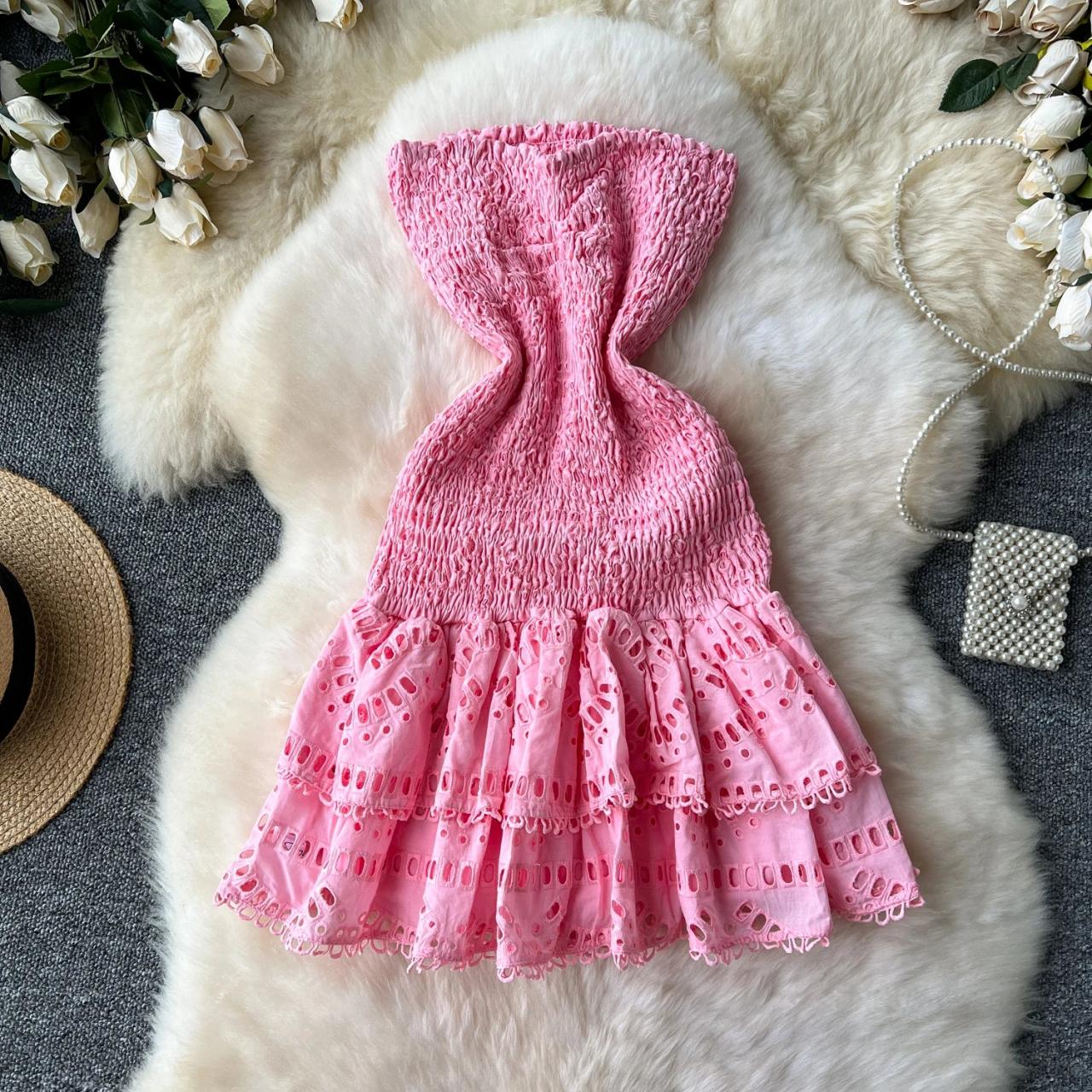 elegant tube dress Elegant Ribbed Tie-Dye Tube Dress with Drawstring
