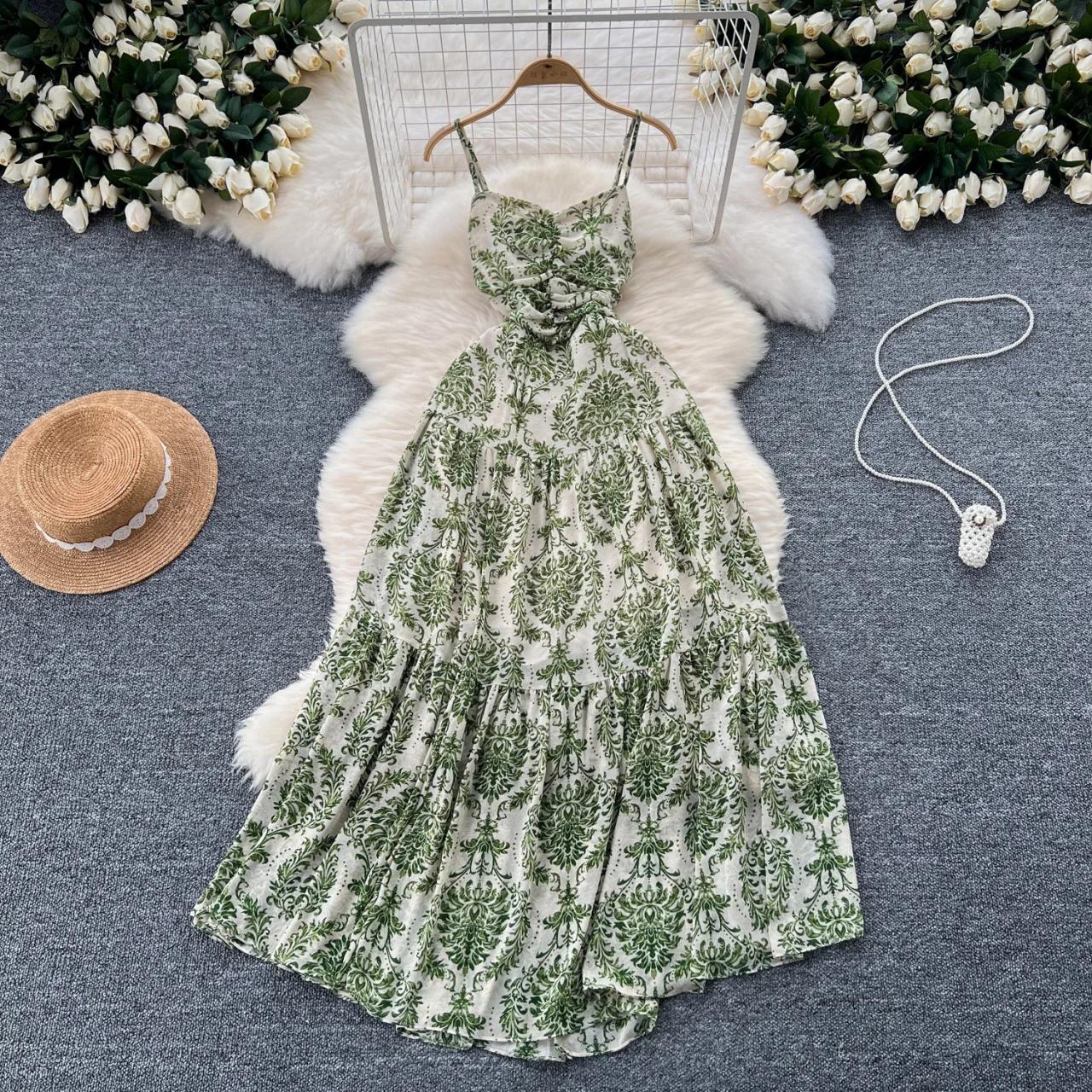 Floral Green Summer Dress With Spaghetti Straps on Luulla