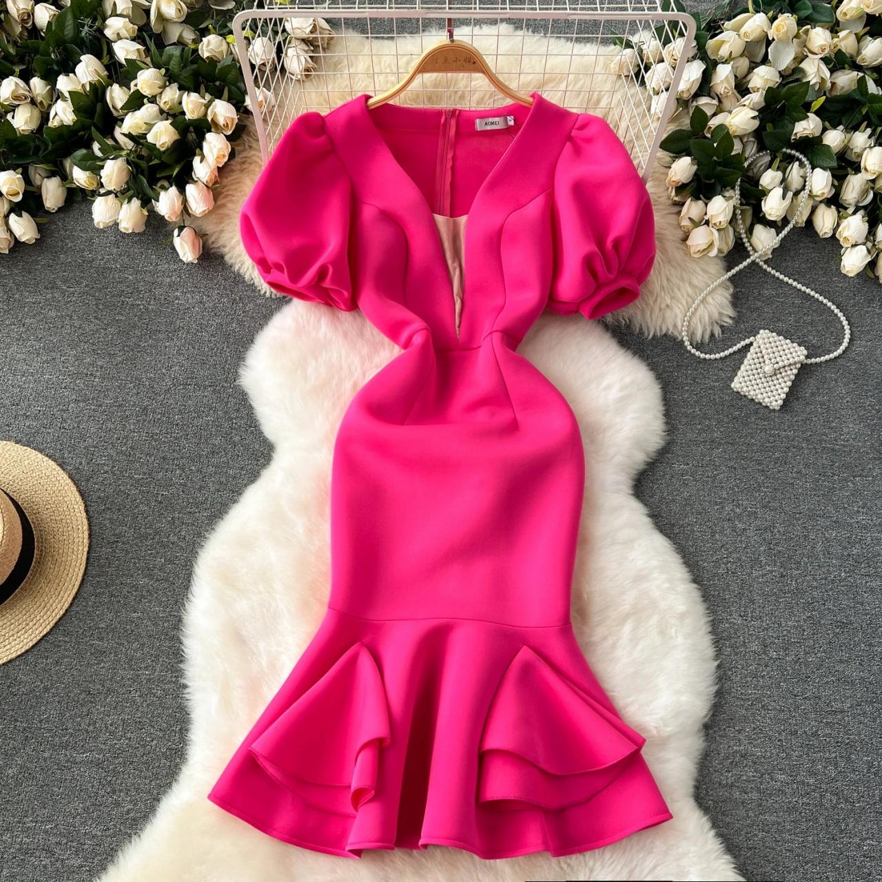 strapless open back dress Hot Pink Puff Sleeve Dress